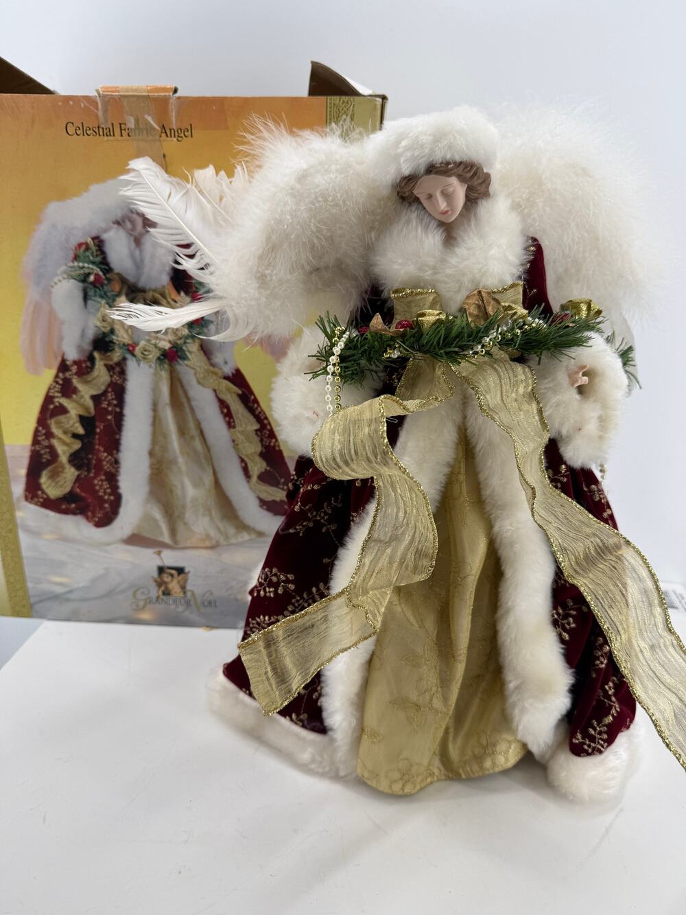 Celestial Angel Christmas Tree Topper Freestanding Burgundy Gold Feather Wings